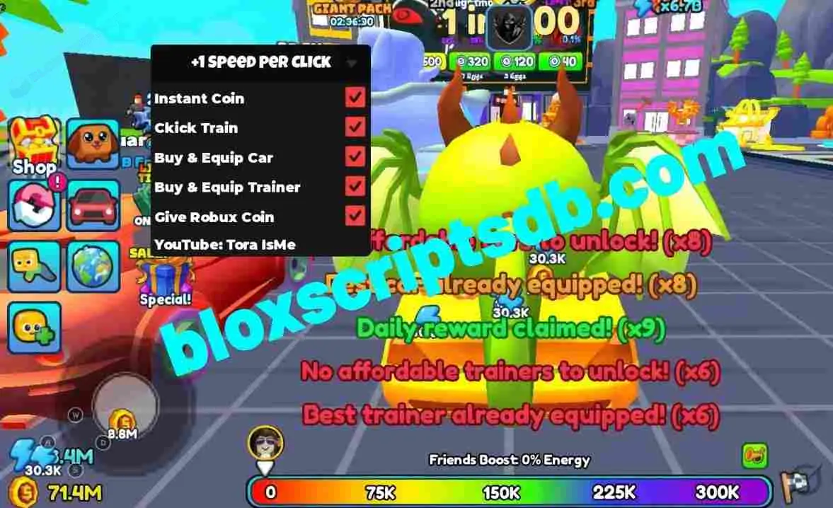 +1 Speed Per Click Script | Tora IsMe [No Key] | Instant Coin, Equip Car