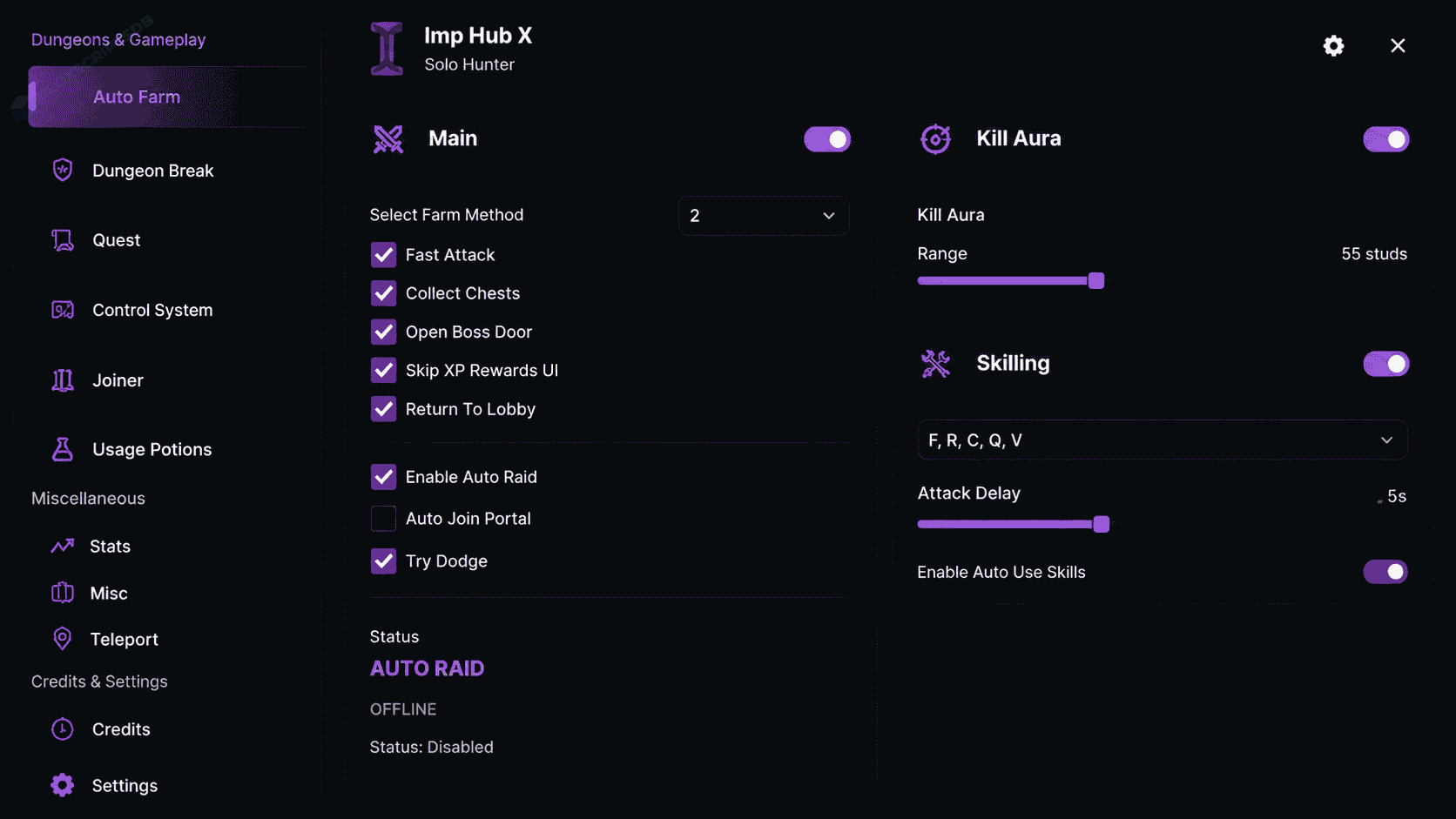 Imp Hub Solo Hunters Script GUI [Auto Attack, Dungeon Auto Farm, No Cooldown, Auto Raid]